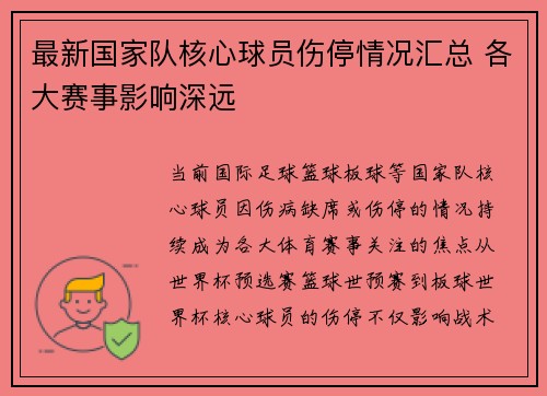 最新国家队核心球员伤停情况汇总 各大赛事影响深远 最新国家队核心球员伤停情况汇总 各大赛事影响深远